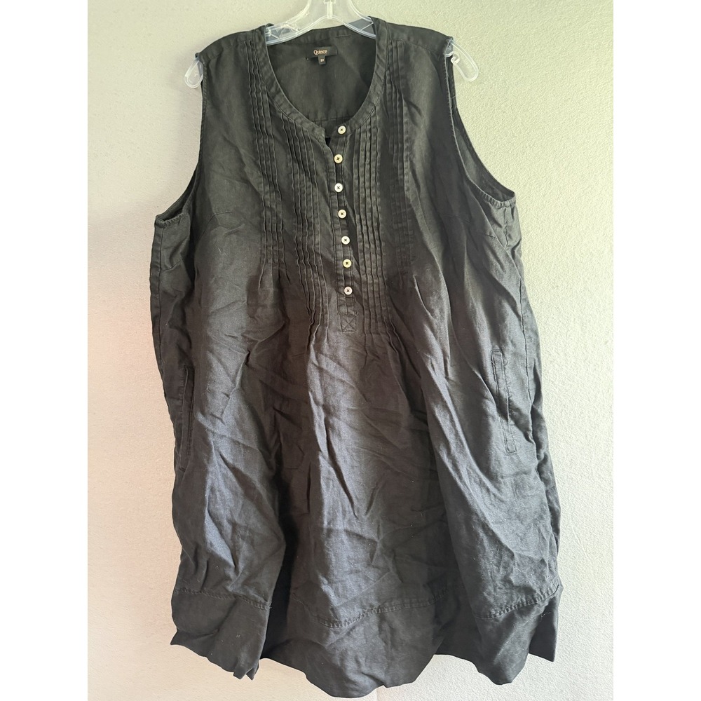 Quince Dress Womens 2X Black Linen Henley Sleeveless Trapeze Swing Pockets